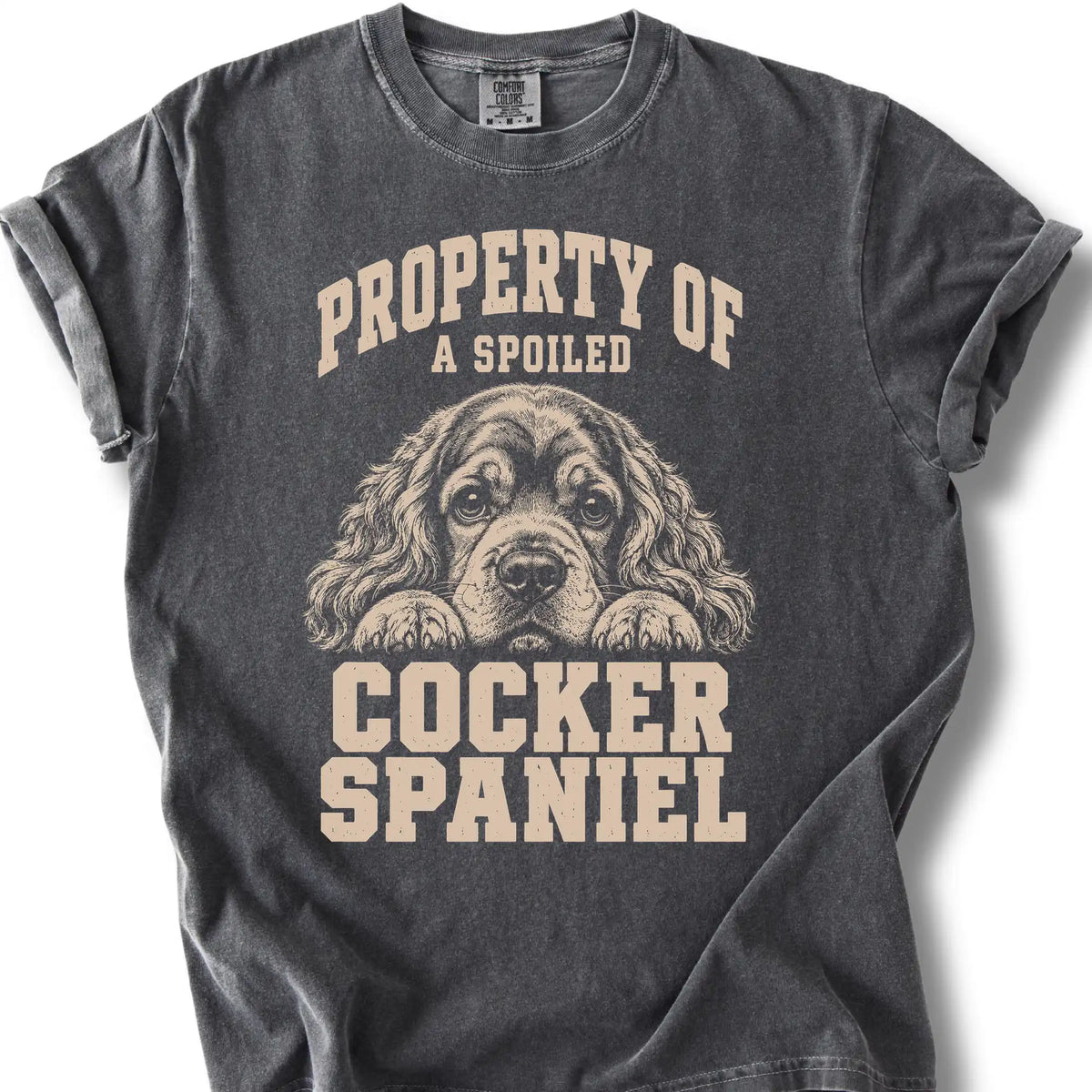Pepper Cocker Spaniel T-shirt with a dog portrait and “Property of a Spoiled” lettering.