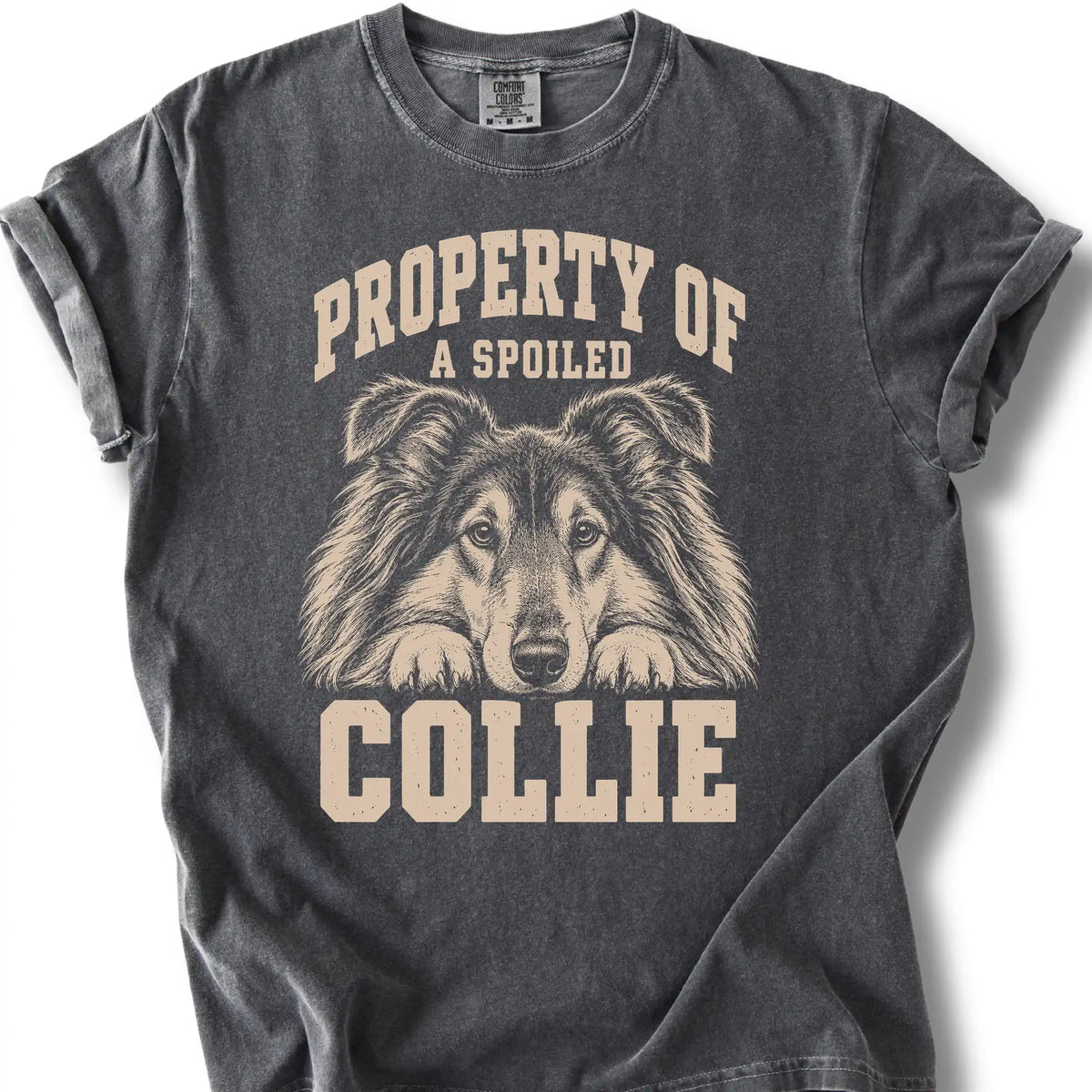 Pepper Collie T-shirt with a dog portrait and “Property of a Spoiled” lettering.