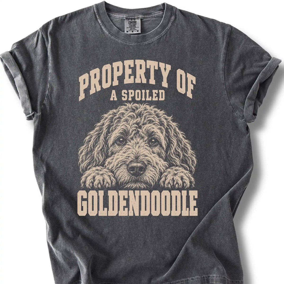 Pepper Goldendoodle T-shirt with a dog portrait and “Property of a Spoiled” lettering.