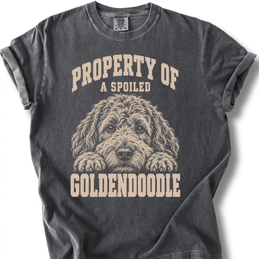 Pepper Goldendoodle T-shirt with a dog portrait and “Property of a Spoiled” lettering.