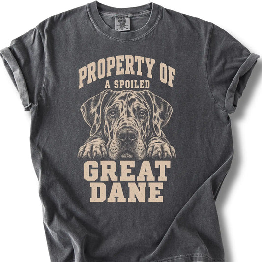 Pepper Great Dane T-shirt with a dog portrait and “Property of a Spoiled” lettering.