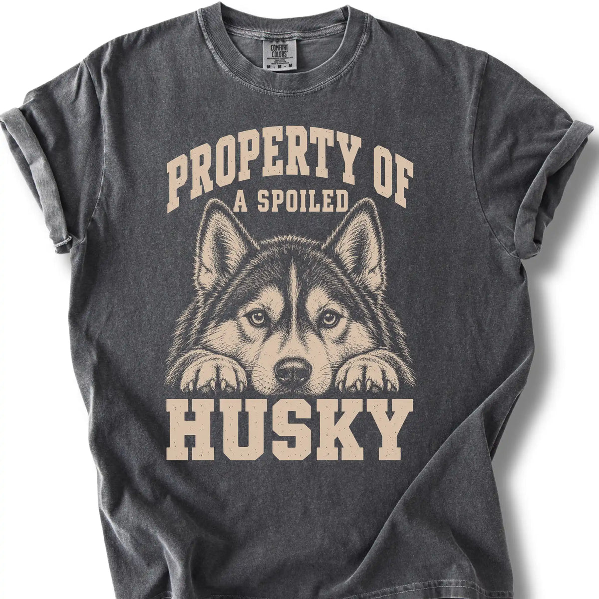 Pepper Husky T-shirt with a dog portrait and “Property of a Spoiled” lettering.