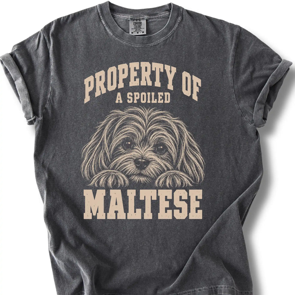 Pepper Maltese T-shirt with a dog portrait and “Property of a Spoiled” lettering.