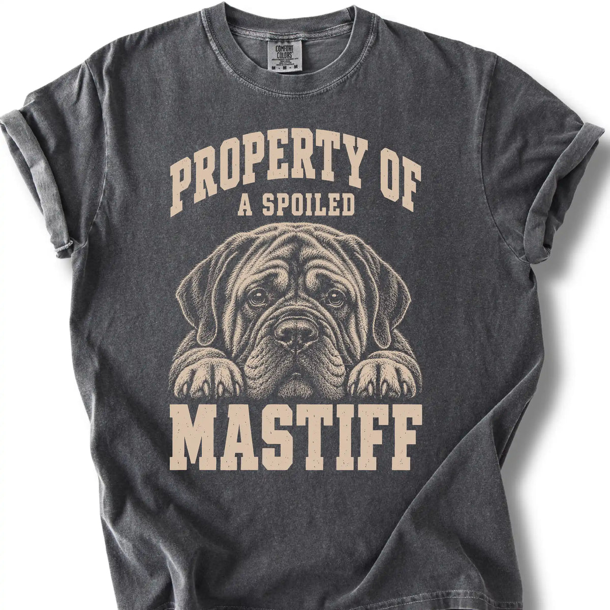 Pepper Mastiff T-shirt with a dog portrait and “Property of a Spoiled” lettering.