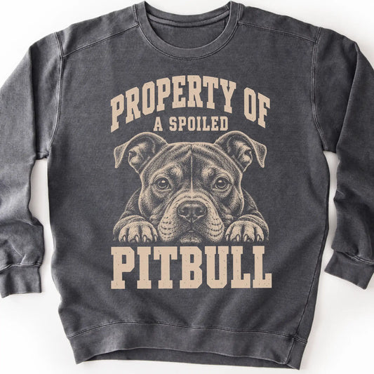 Pepper Pitbull sweatshirt with a dog portrait and “Property of a Spoiled” lettering.