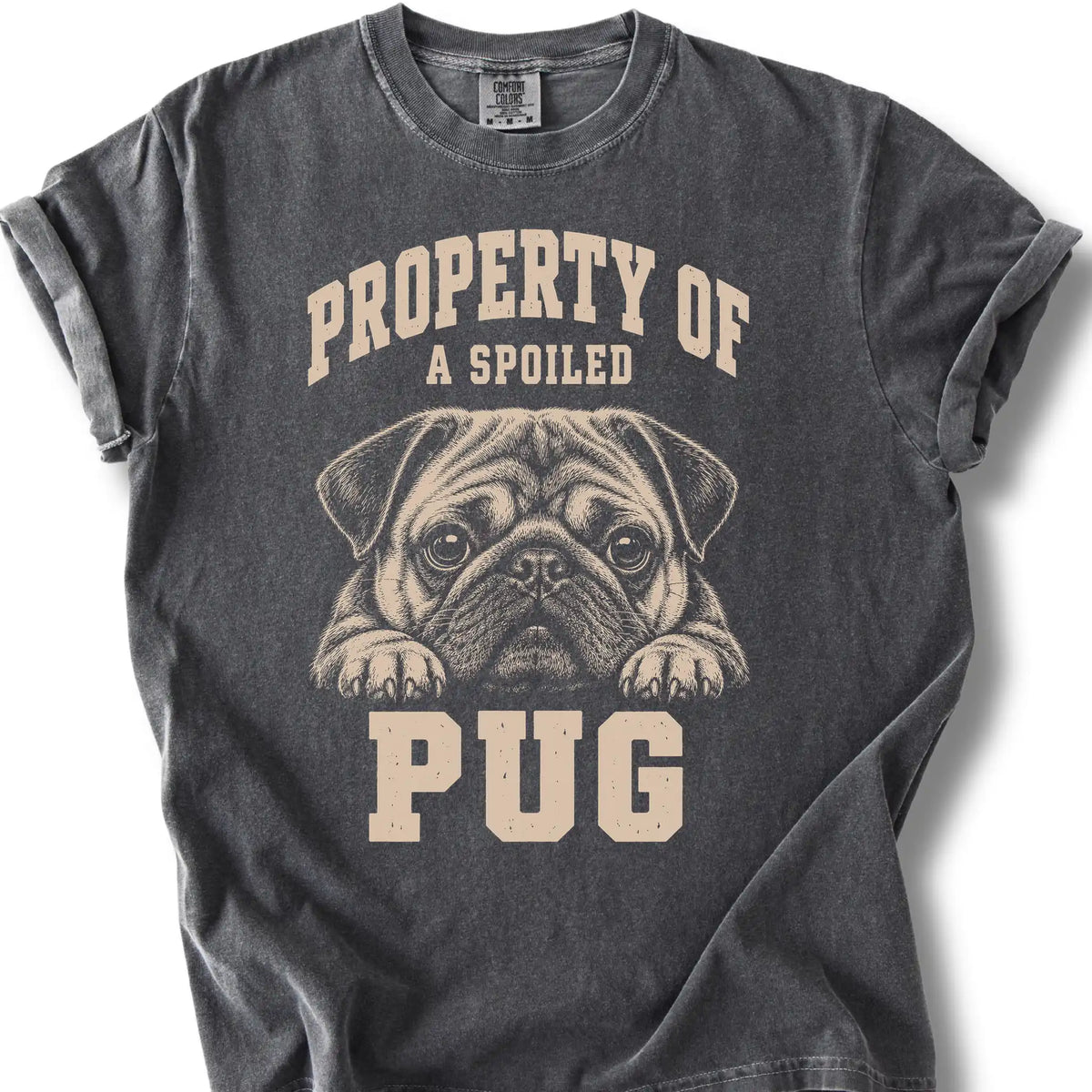 Pepper Pug T-shirt with a dog portrait and “Property of a Spoiled” lettering.