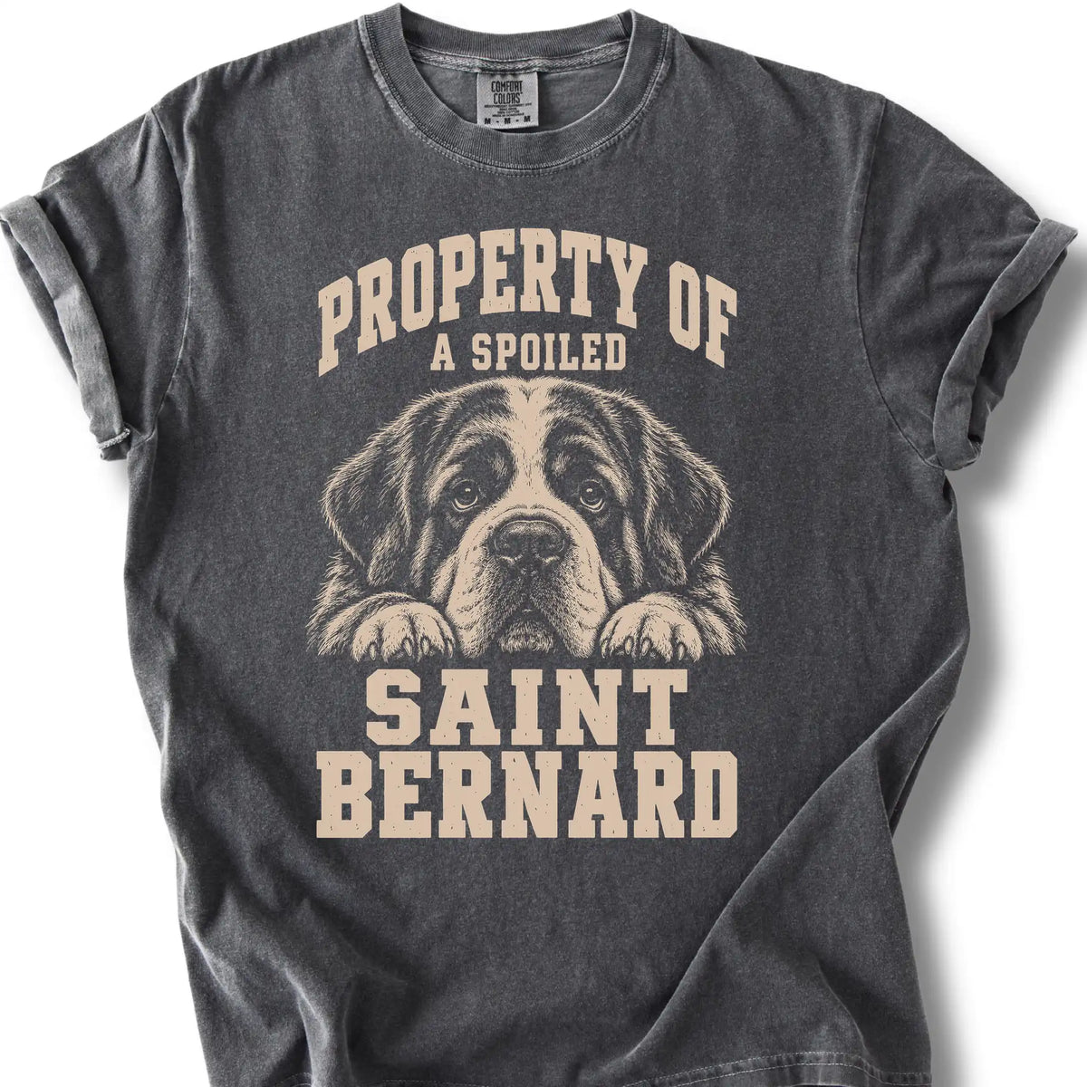 Pepper Saint Bernard T-shirt with a dog portrait and “Property of a Spoiled” lettering.