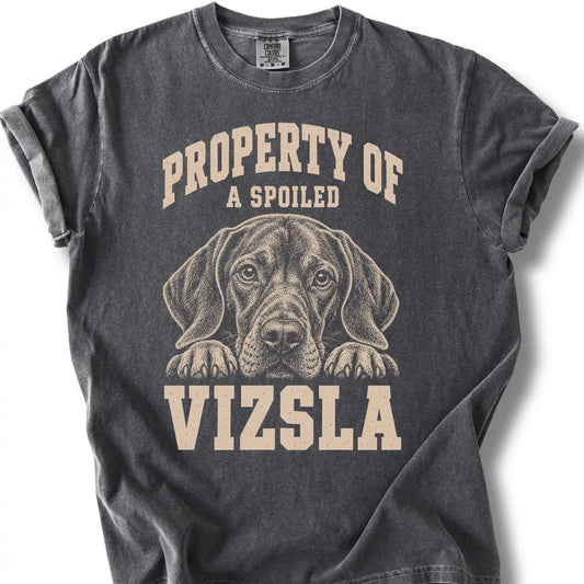 Pepper Vizsla T-shirt with a dog portrait and “Property of a Spoiled” lettering.