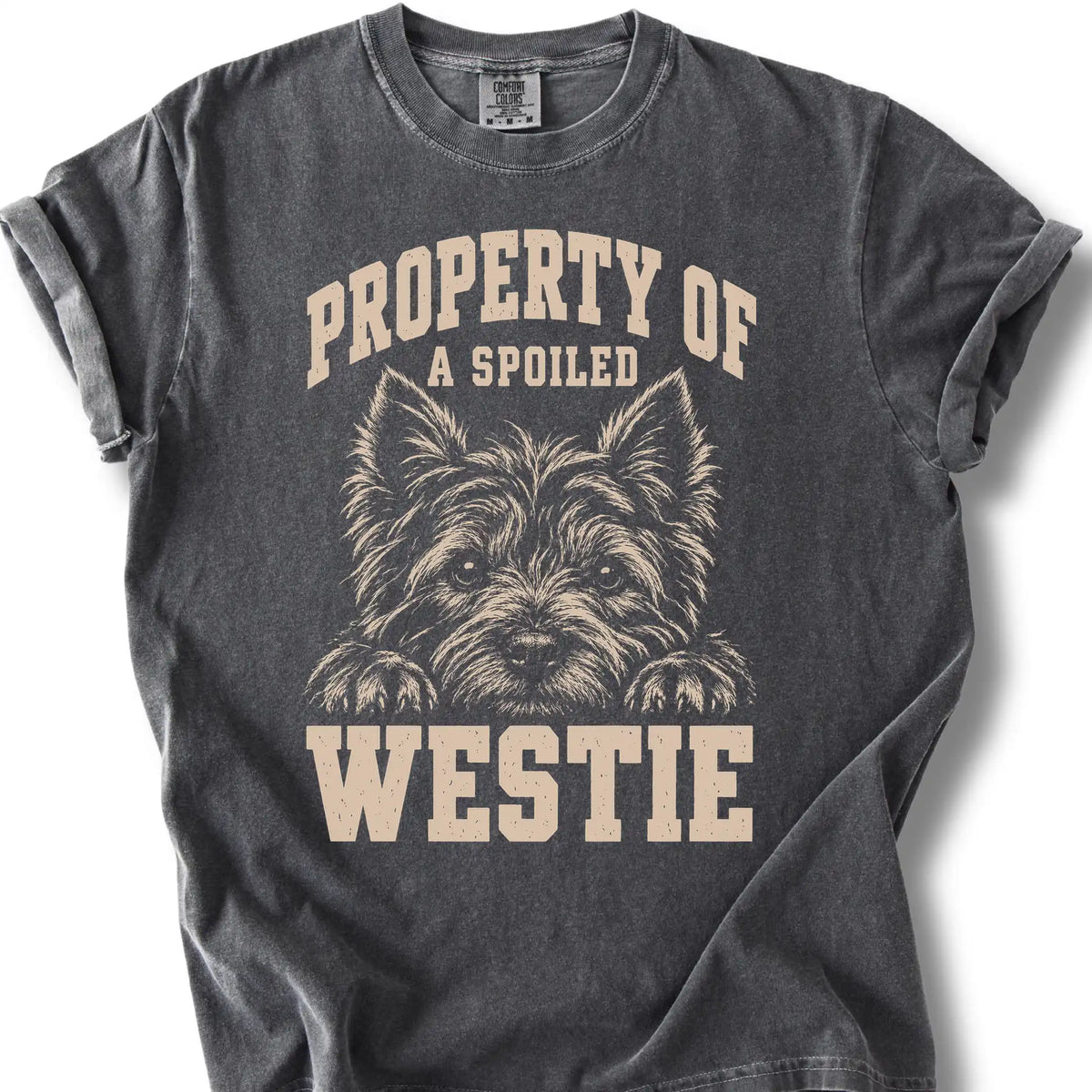 Pepper Westie T-shirt with a dog portrait and “Property of a Spoiled” lettering.