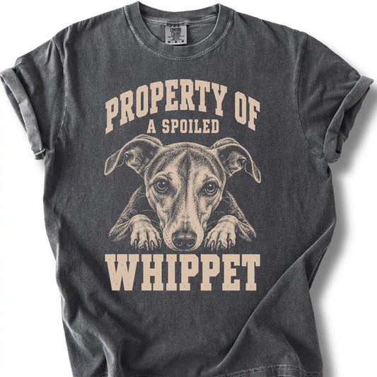 Pepper Whippet T-shirt with a dog portrait and “Property of a Spoiled” lettering.
