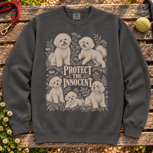 Protect the Innocent Bichon Frise design on a Pepper sweatshirt