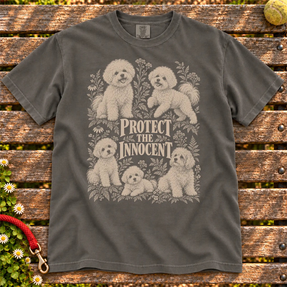 Protect the Innocent Bichon Frise design on a Pepper T-shirt