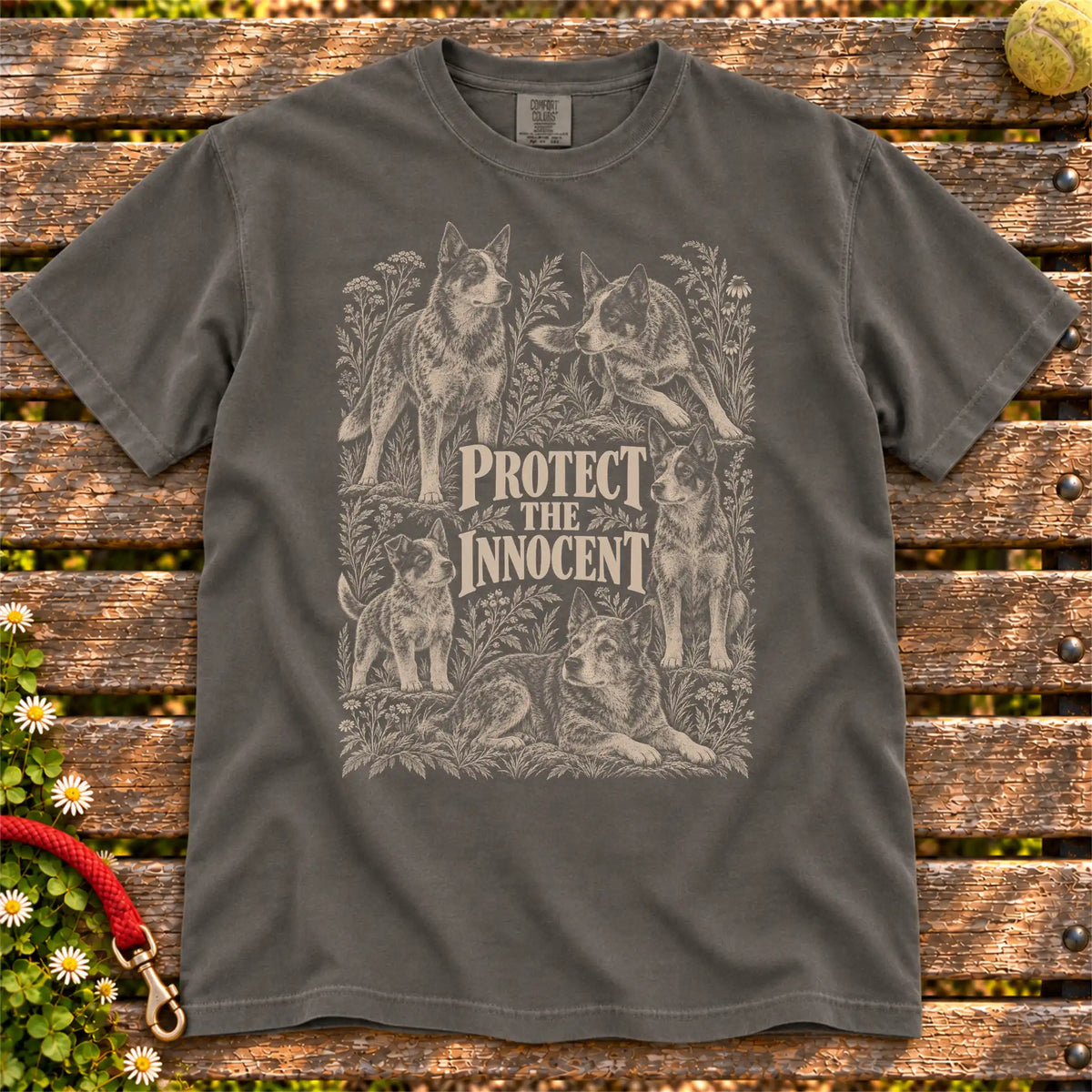 Protect the Innocent Blue Heeler design on a Pepper T-shirt