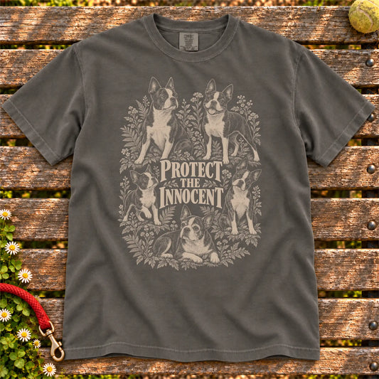 Protect the Innocent Boston Terrier design on a Pepper T-shirt