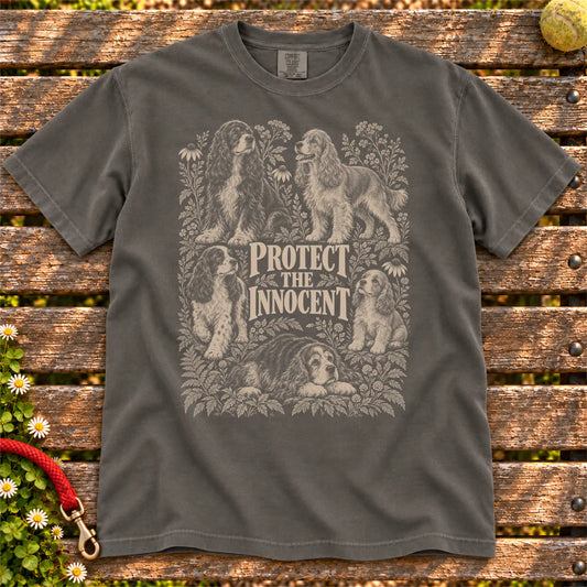 Protect the Innocent Cocker Spaniel design on a Pepper T-shirt
