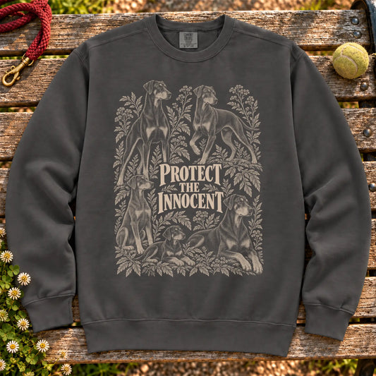 Protect the Innocent Doberman design on a Pepper sweatshirt