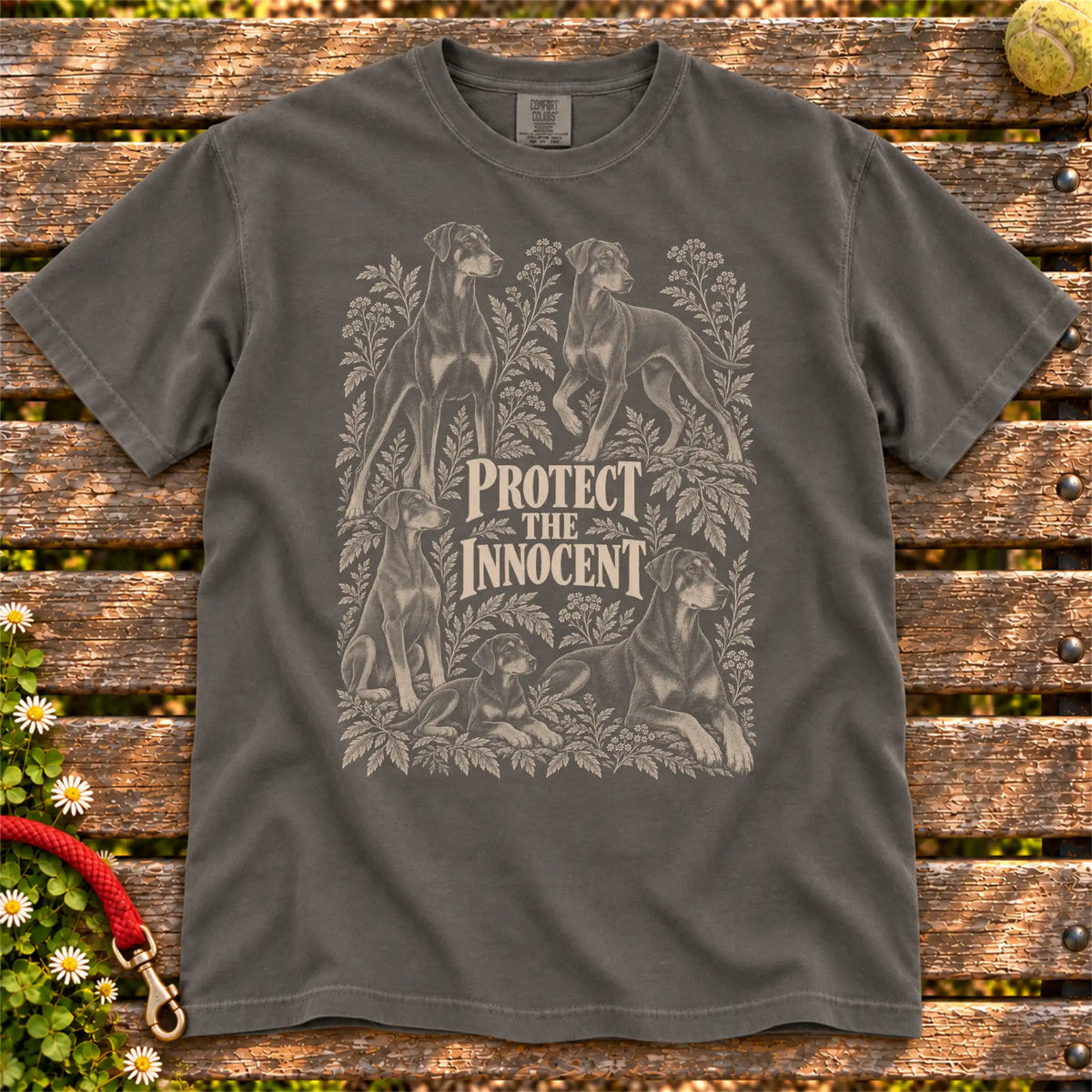 Protect the Innocent Doberman design on a Pepper T-shirt