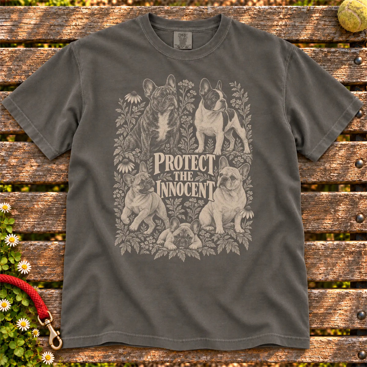 Protect the Innocent French Bulldog design on a Pepper T-shirt