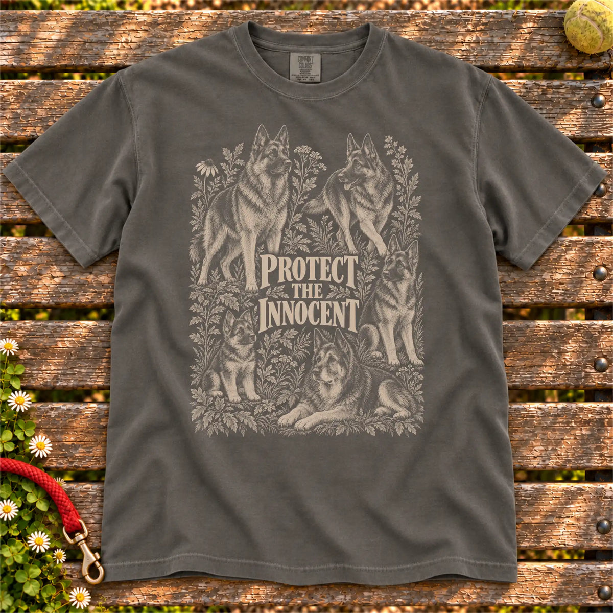 Protect the Innocent German Shepherd design on a Pepper T-shirt