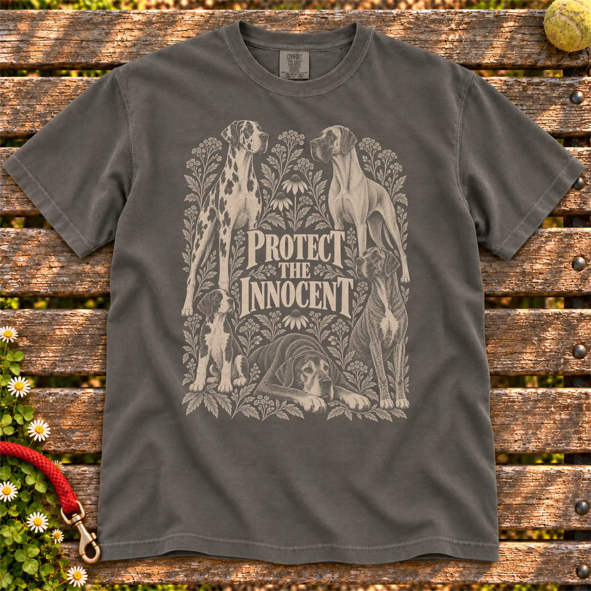 Protect the Innocent Great Dane design on a Pepper T-shirt