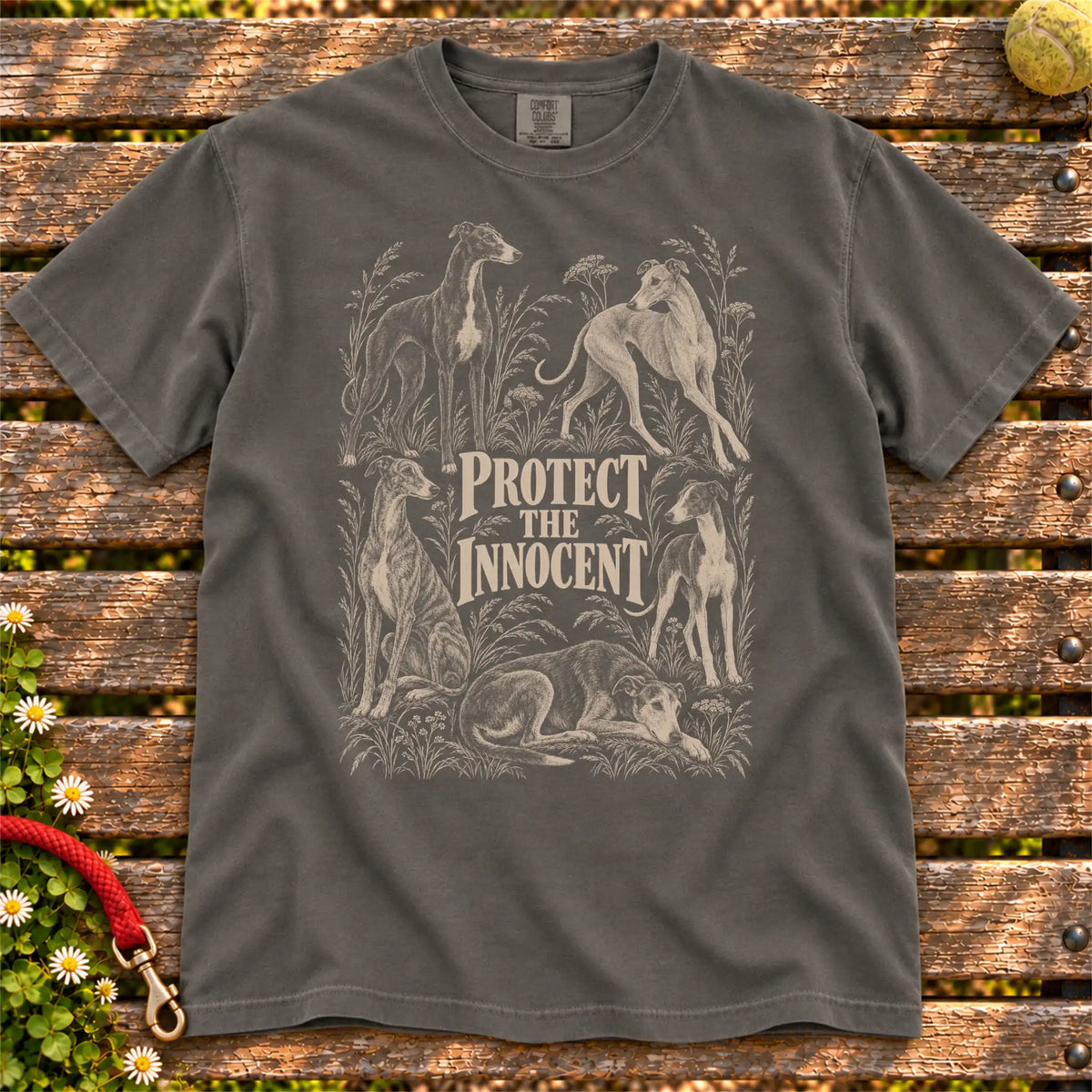 Protect the Innocent Greyhound design on a Pepper T-shirt