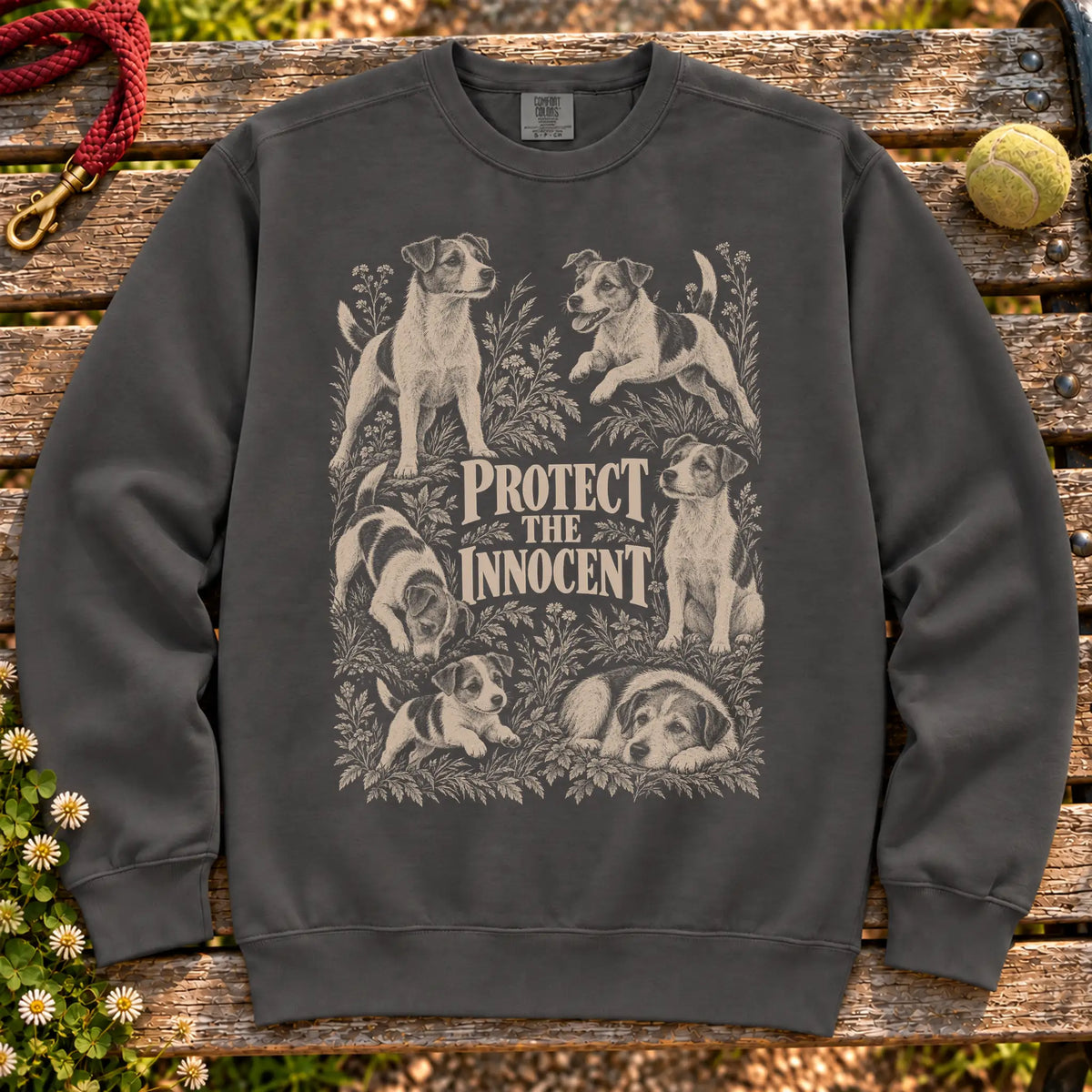 Protect the Innocent Jack Russell design on a Pepper sweatshirt