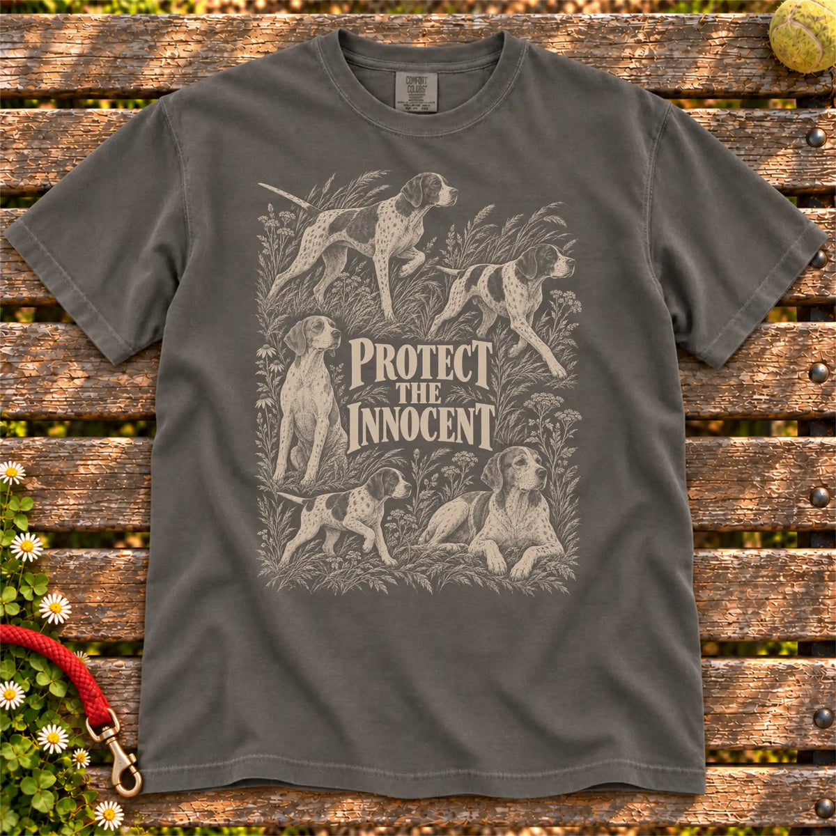 Protect the Innocent Pointer design on a Pepper T-shirt