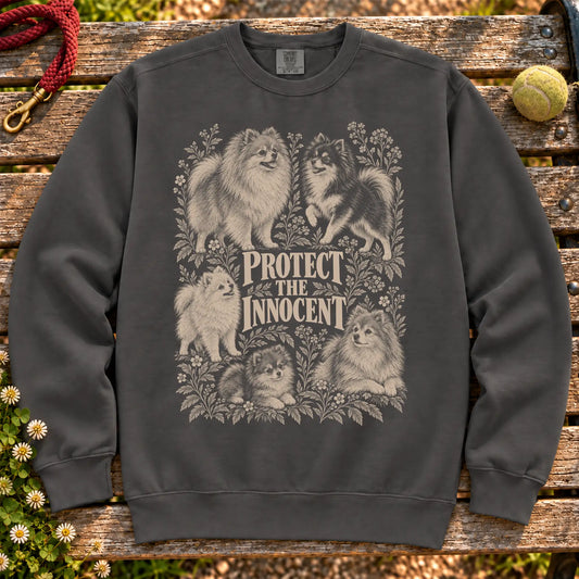 Protect the Innocent Pomeranian design on a Pepper sweatshirt