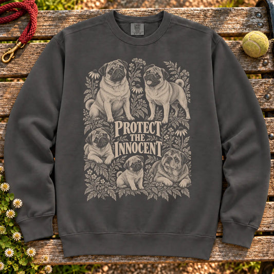 Protect the Innocent Pug design on a Pepper sweatshirt