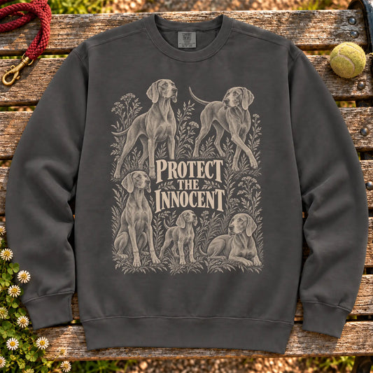 Protect the Innocent Weimaraner design on a Pepper sweatshirt