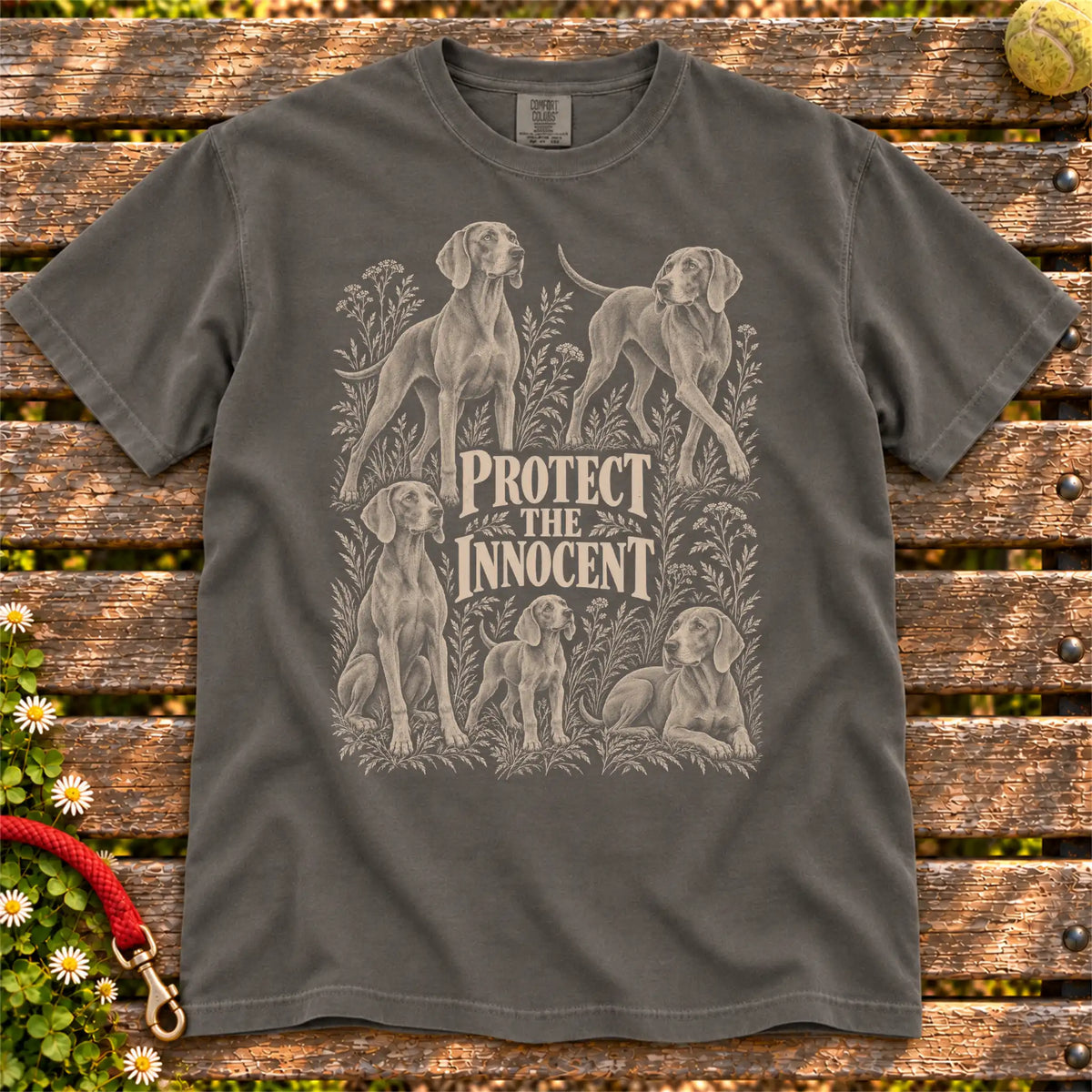 Protect the Innocent Weimaraner design on a Pepper T-shirt