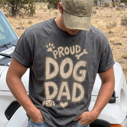 Model wearing a Pepper Comfort Colors® T-shirt with proud dog dad lettering