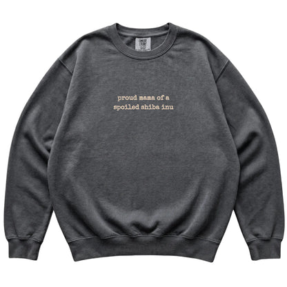 Pepper Proud Mama of a Spoiled Shiba Inu Comfort Colors sweatshirt laid flat