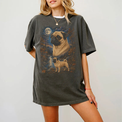 Model wearing a pepper T-shirt with Pug Autumn Moon artwork.