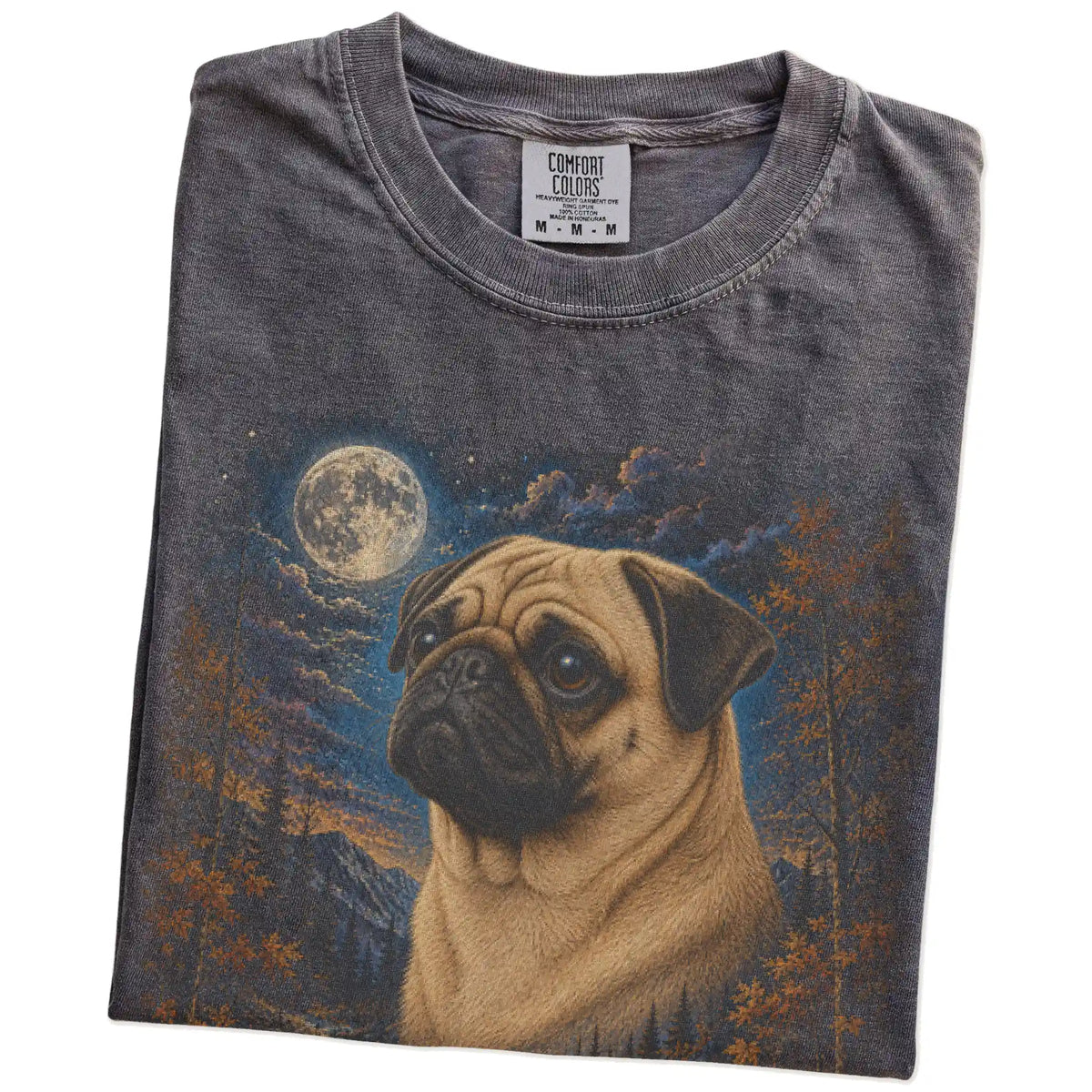 Folded pepper T-shirt with Pug Autumn Moon artwork.