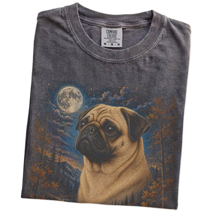 Folded pepper T-shirt with Pug Autumn Moon artwork.