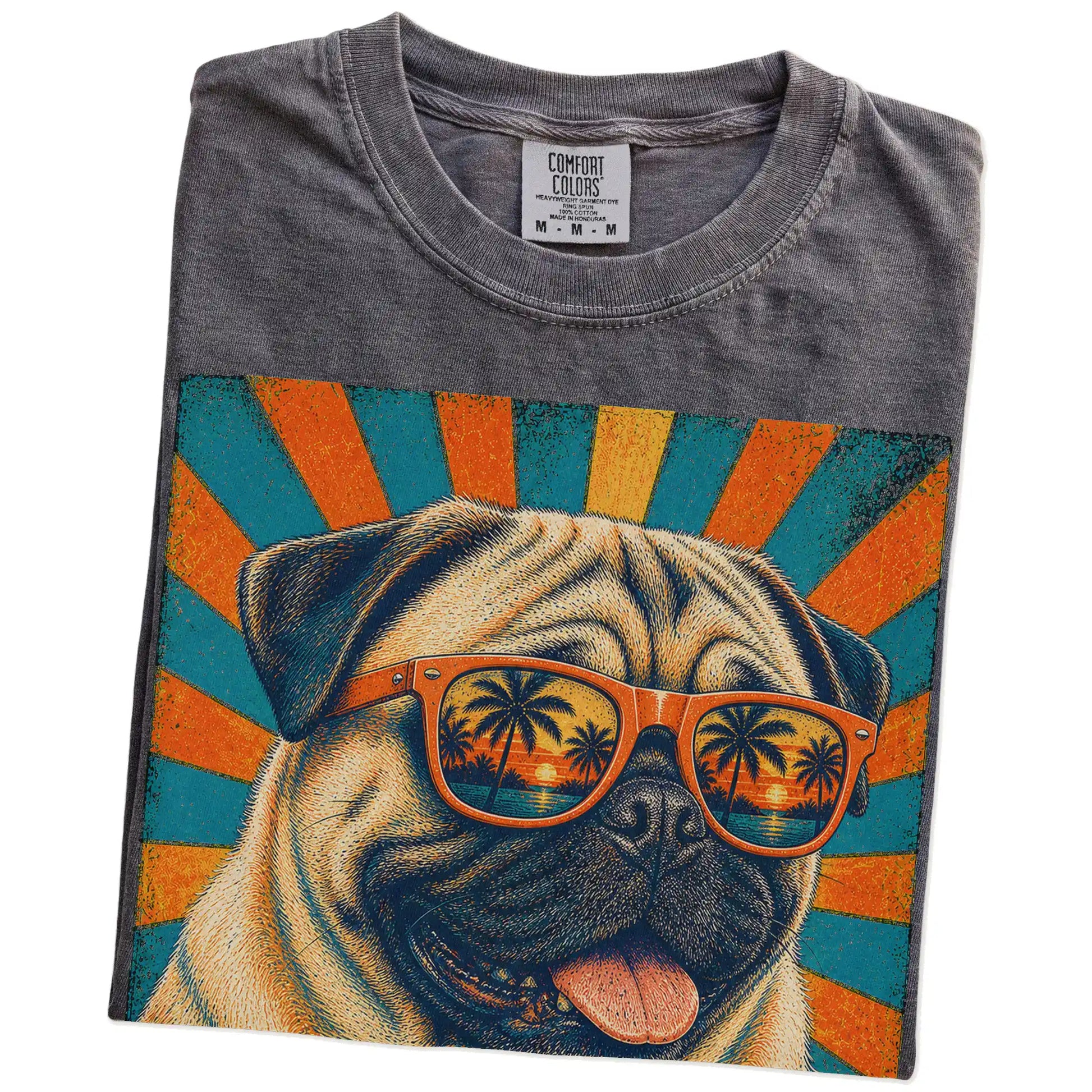 Retro Pug Dad design on a Pepper Comfort Colors T-shirt folded detail