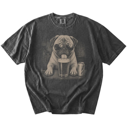 Pug sneaking a drink from a foamy pint at home on a Pepper Comfort Colors® t-shirt
