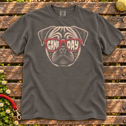 Pug Game Day design on a Pepper Comfort Colors T-shirt, shown flat