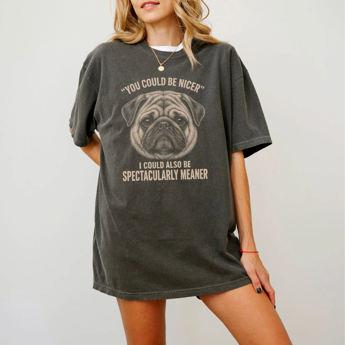 Pug Guard Dog T-Shirt in Pepper worn in a studio setting