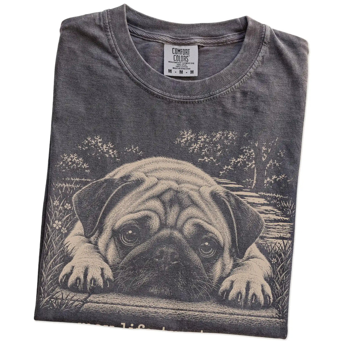 Pug Karma Comfort Colors T-shirt in Pepper — Folded Detail