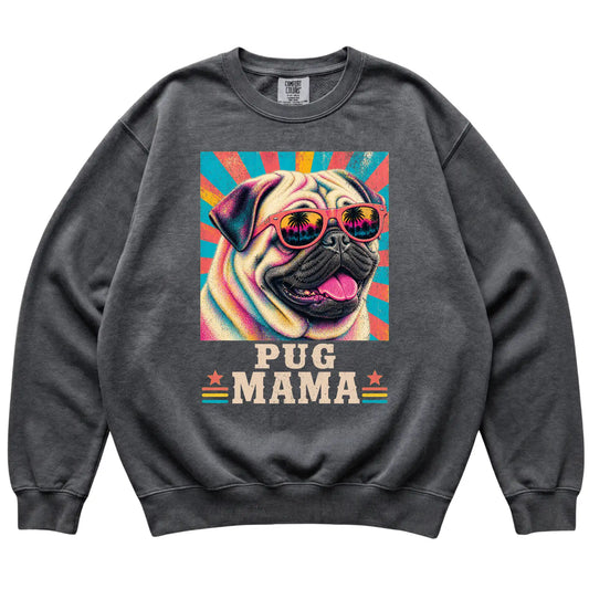 Retro Pug Mama design on a Pepper Comfort Colors sweatshirt