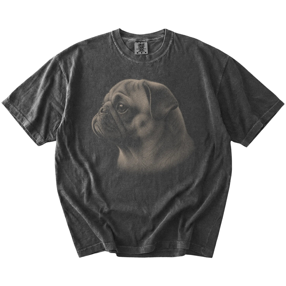 A detailed photographic portrait of a Pug on a Pepper Comfort Colors® T-shirt
