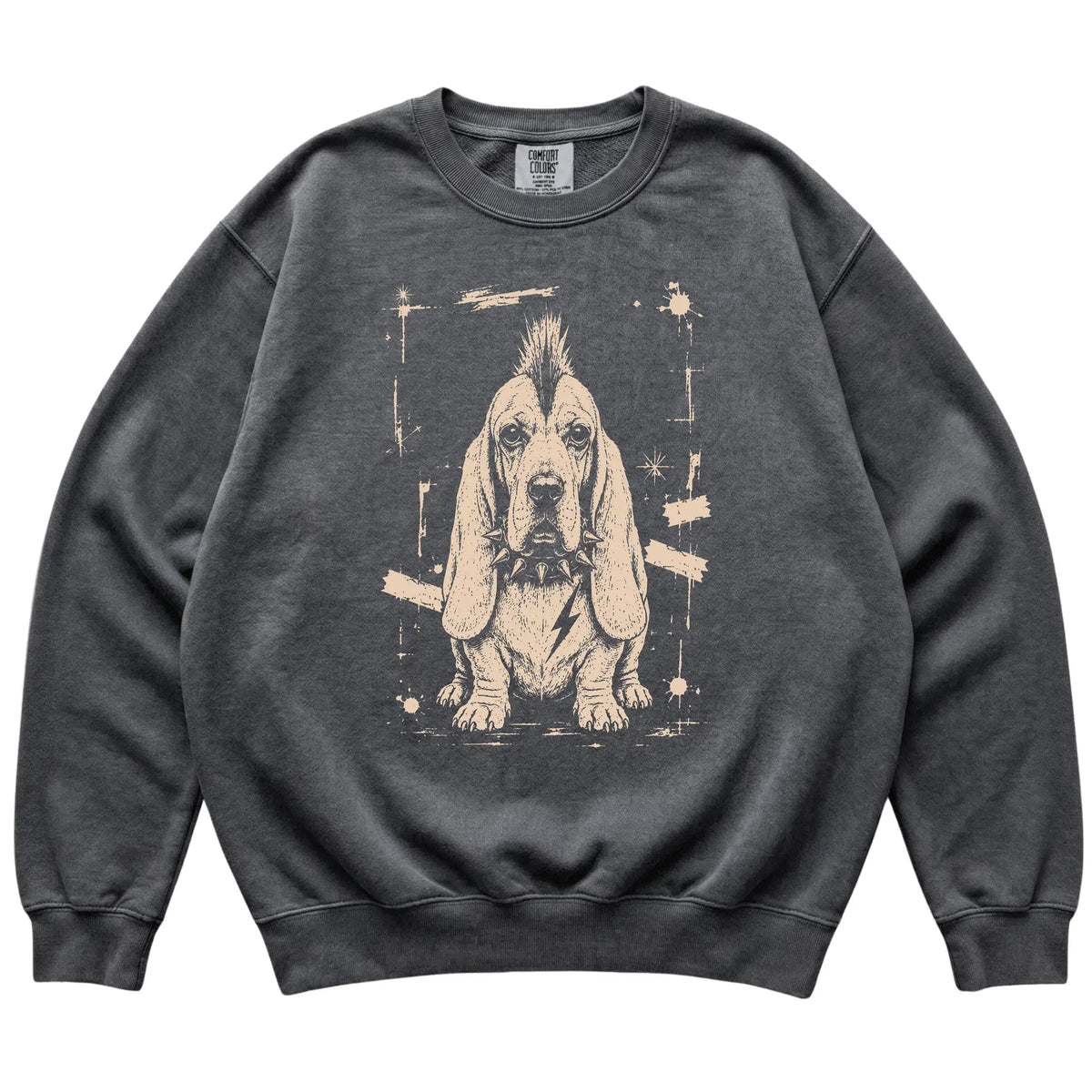 Pepper Punk Rock Basset Hound Comfort Colors sweatshirt, flat view