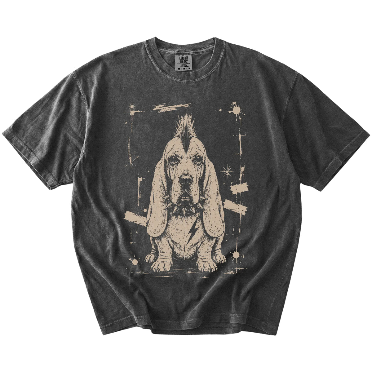 Pepper Punk Rock Basset Hound T-Shirt laid flat