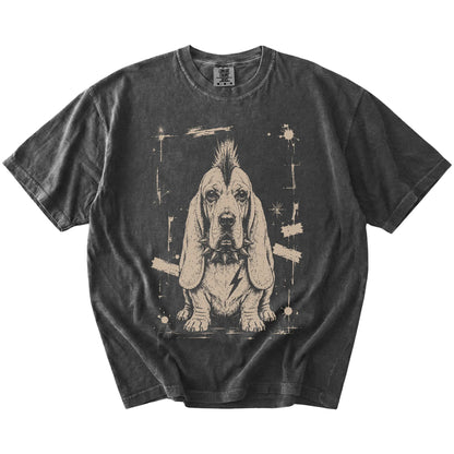 Pepper Punk Rock Basset Hound T-Shirt laid flat