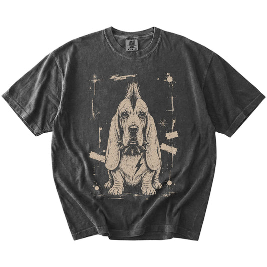 Pepper Punk Rock Basset Hound T-Shirt laid flat