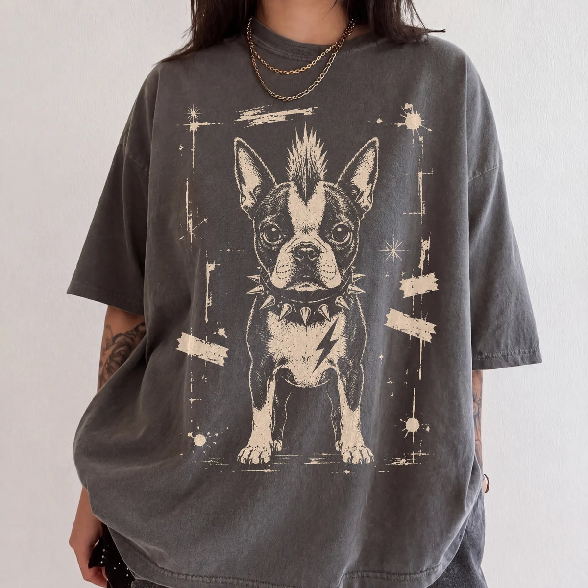 Woman wearing a Pepper Punk Rock Boston Terrier T-Shirt