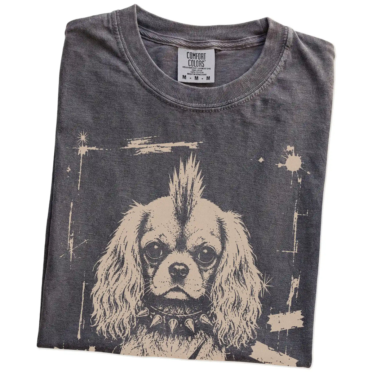 Folded Pepper Punk Rock Cavalier King Charles Spaniel T-Shirt showing the graphic