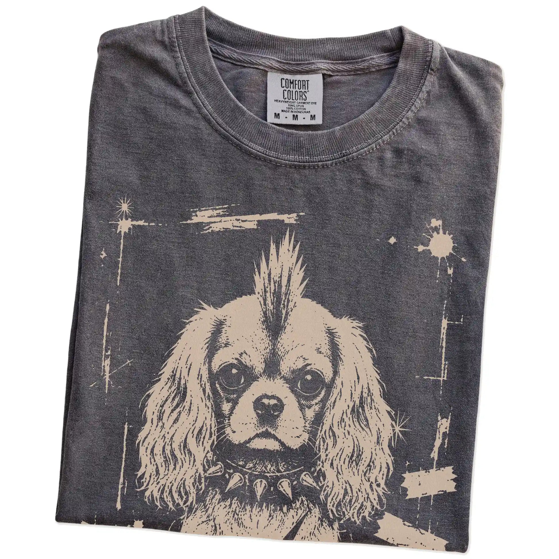 Folded Pepper Punk Rock Cavalier King Charles Spaniel T-Shirt showing the graphic